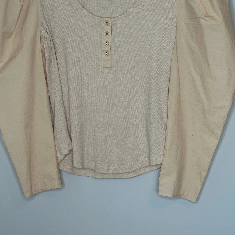 ULLA JOHNSON Joanne Beige Poplin Sleeve Rib Knit Top in Oatmeal Size XL‎